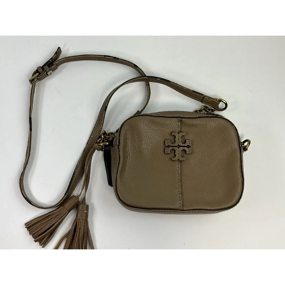 Tory Burch McGraw Camera Crossbody Bag Beige Tan Sand Leather - Strap Damage